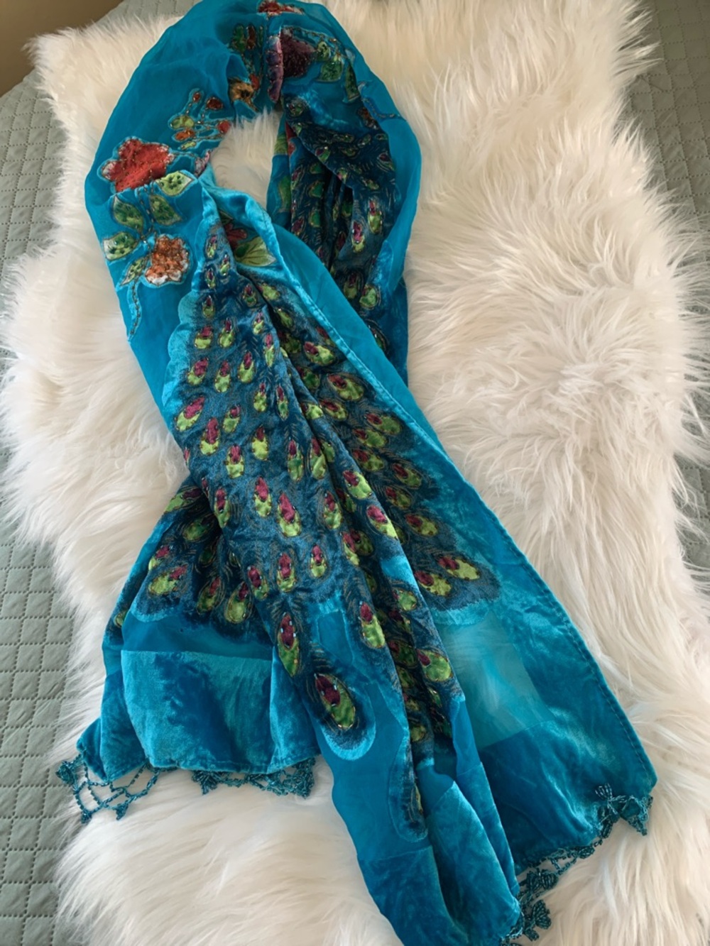 Hand Beaded Peacock Shawl Scarf - Picture 4 of 4